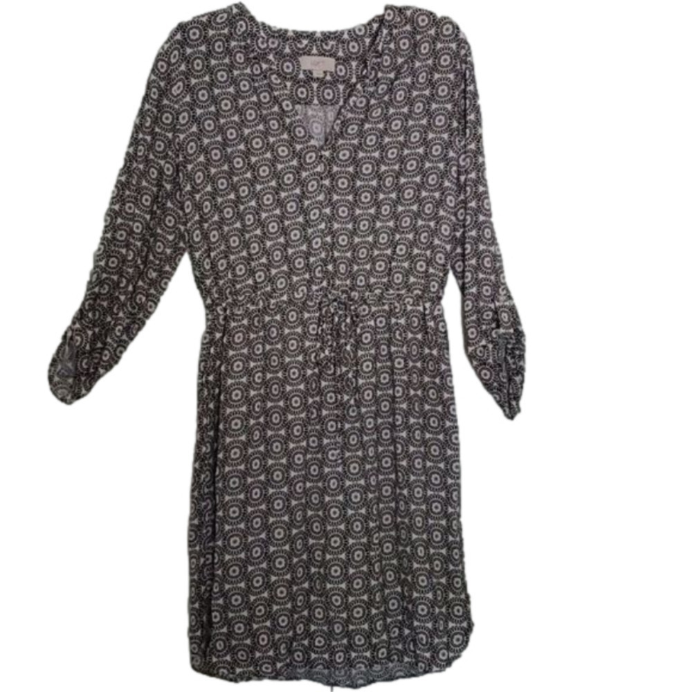 LOFT by Ann Taylor Women's 3/4 Sleeve Black White Geometric Floral Dress size M